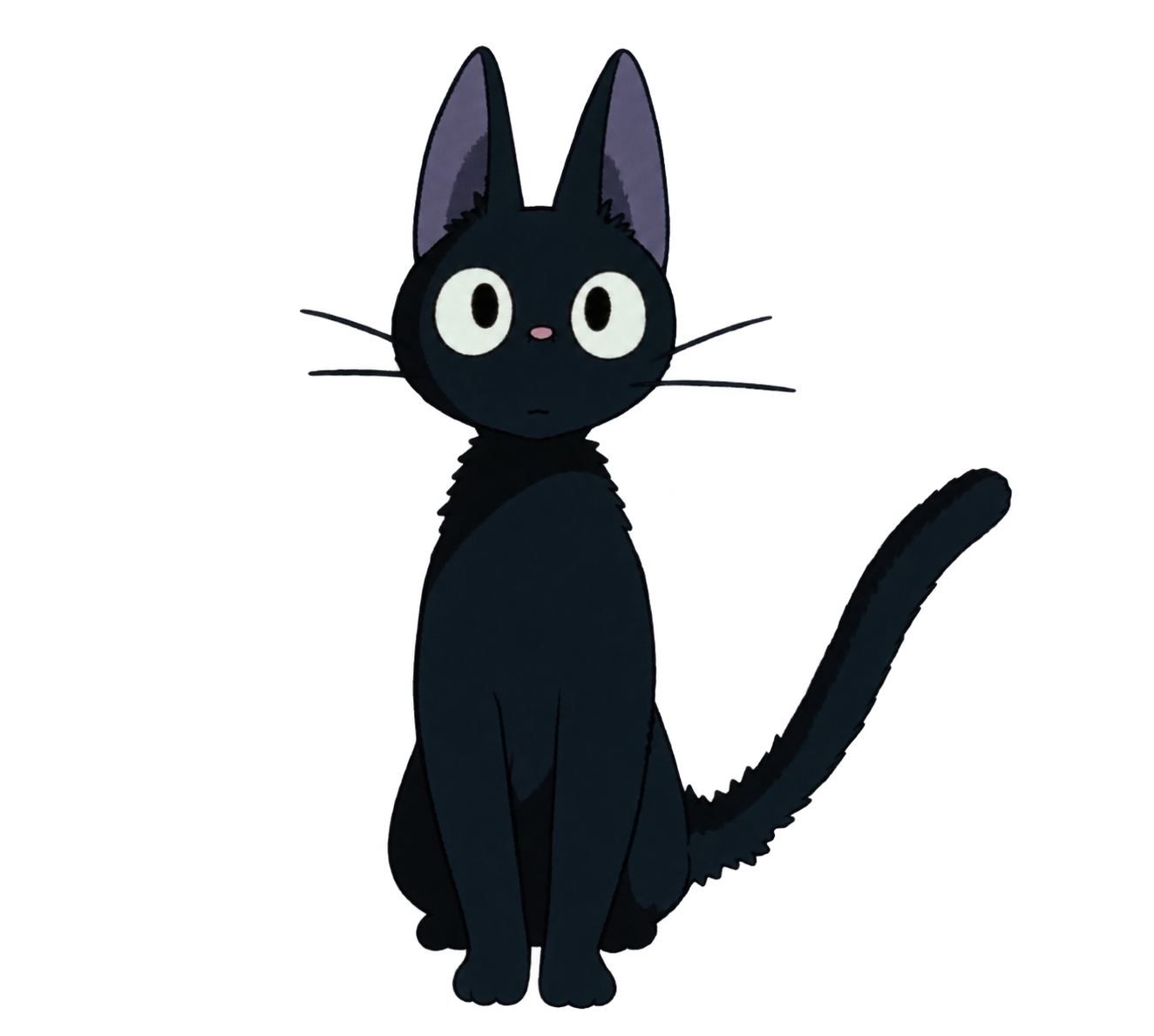 An illustrated black cat with wide eyes